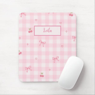 Rosa Gingham-Kirsch-Schleifen-Schriftzug-Design Mousepad