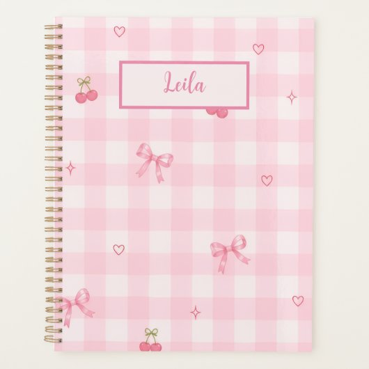 Rosa Gingham-Kirsch-Schleifen-Schriftzug-Design Planer (Vorderseite)