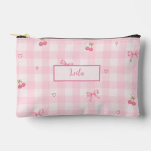 Rosa Gingham-Kirsch-Schleifen-Schriftzug-Design Zubehörtasche