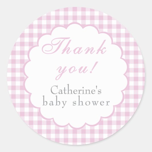 Rosa Gingham Klassischer Baby Shower Aufkleber (Vorderseite)