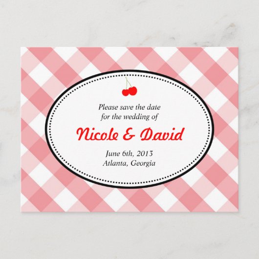 Rosa Gingham Land rustikale Kirsche Save the Date Ankündigungspostkarte (Vorderseite)