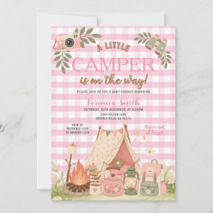 Rosa Gingham Mädchen Camping-Baby-Party Einladung