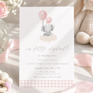 Rosa Gingham Mädchen Elefant 1. Geburtstag  Einladung