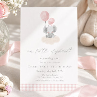 Rosa Gingham Mädchen Elefant 1. Geburtstag  Einladung