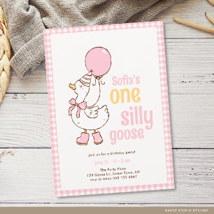 Rosa Gingham-Mädchen One Silly Goose 1. Geburtstag Einladung