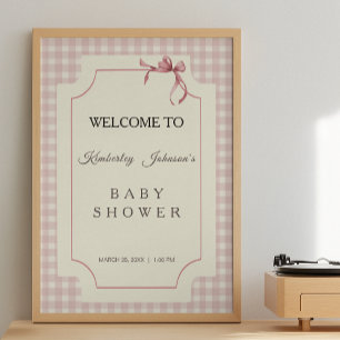 Rosa Gingham mit Schleife Baby-Party Poster