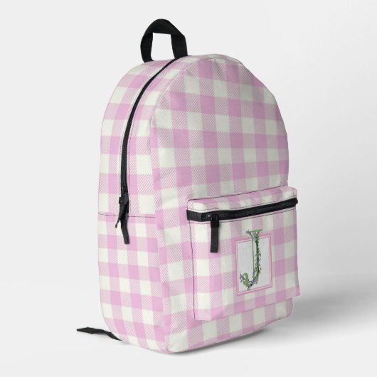 Rosa Gingham-Monogramm-Brief J Bedruckter Rucksack (Rückseitige Ecke links)
