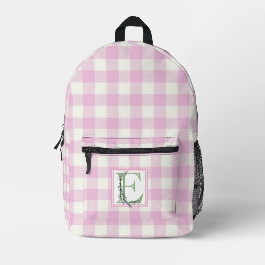 Rosa Gingham Monogramm Buchstaben E Bedruckter Rucksack (Vorderseite)