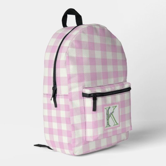 Rosa Gingham-Monogramm-Buchstaben K Bedruckter Rucksack (Rückseitige Ecke links)