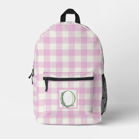 Rosa Gingham Monogramm Buchstaben O Bedruckter Rucksack (Vorderseite)