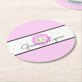 Rosa Gingham Monogramm Runder Pappuntersetzer (Angewinkelt)