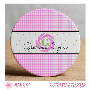 Rosa Gingham Monogramm Runder Pappuntersetzer