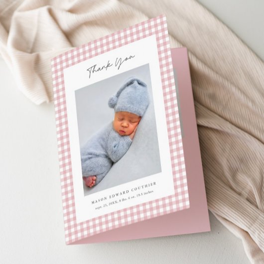 Rosa Gingham-Muster Mädchen Baby Dankeskarte