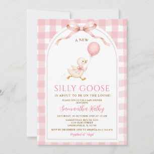 Rosa Gingham Neuer Dummer Gänse-Bogen Baby Shower Einladung