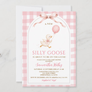 Rosa Gingham Neuer Dummer Gänse-Bogen Baby Shower Einladung