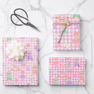Rosa Gingham-Nussknacker-Geburtstag Geschenkpapier Set