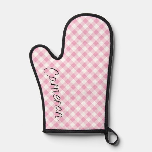 Rosa Gingham Oven Mitt mit dem Namen Personalisier Ofenhandschuh (Vorderseite)