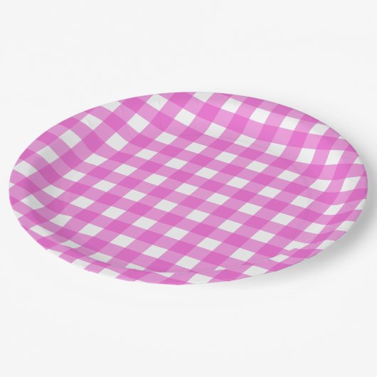 Rosa Gingham Pappteller (Schrägansicht)