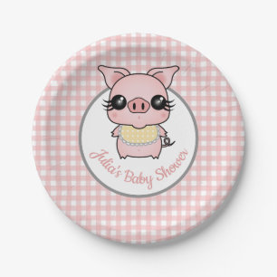 Rosa Gingham-Piggy Babyparty Pappteller