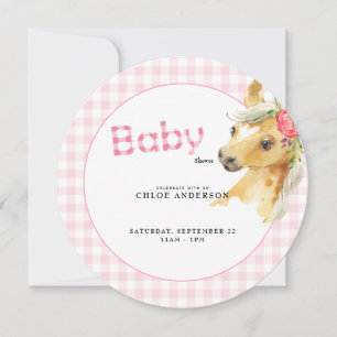Rosa Gingham-Pony-Baby-Shower-Rund  Einladung