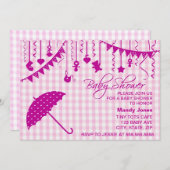 Rosa Gingham Regenschirm Babydusche Einladungen (Vorne/Hinten)