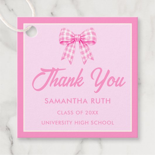 Rosa Gingham-Schleife Abschlussfeier Geschenkanhänger (Vorderseite)