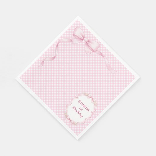 Rosa Gingham-Schleife Erstes Geburtstag Servietten (Ecke)