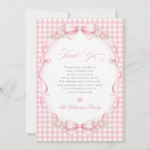Rosa Gingham-Schleife Florale Babyparty Dankeskarte