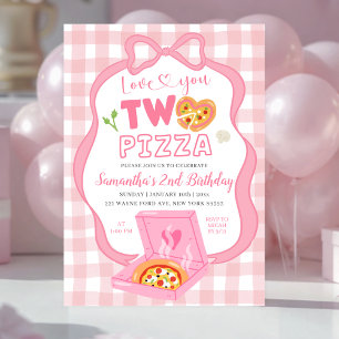 Rosa Gingham-Schleife Lieb dich ZWEI Pizza-Geburts Einladung