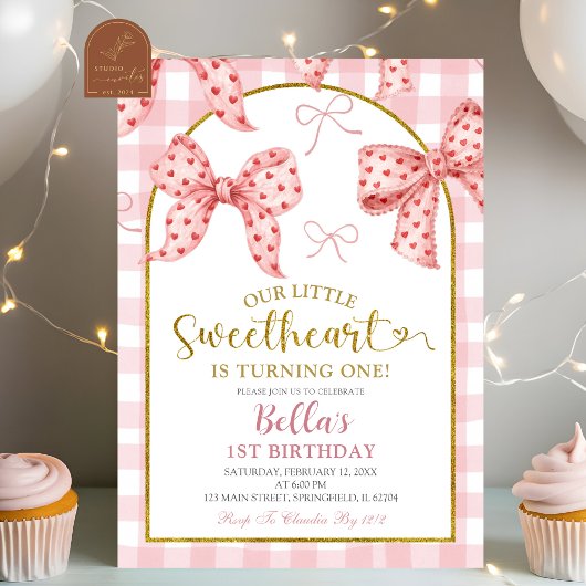Rosa Gingham-Schleife Sweetheart Geburtstag Einladung