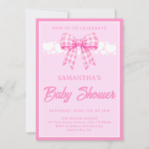 Rosa Gingham-Schleifen-Mädchen-Baby-Party Einladung