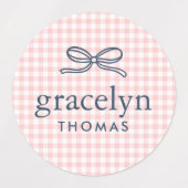 Rosa Gingham-Schleifen-Monogramm Etiketten (Design 1)