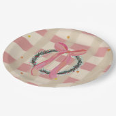 Rosa Gingham-Schleifen-Weihnachtskranz Pappteller (Schrägansicht)
