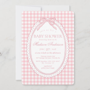 Rosa Gingham-Schmachtlappen-Schleifen-Baby-Party Einladung