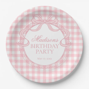 Rosa Gingham-Schmachtlappen-Schleifen-Geburtstagsf Pappteller