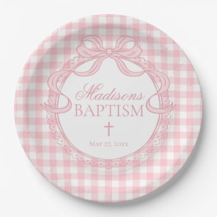 Rosa Gingham-Schmetterlings-Schleife Taufe Pappteller