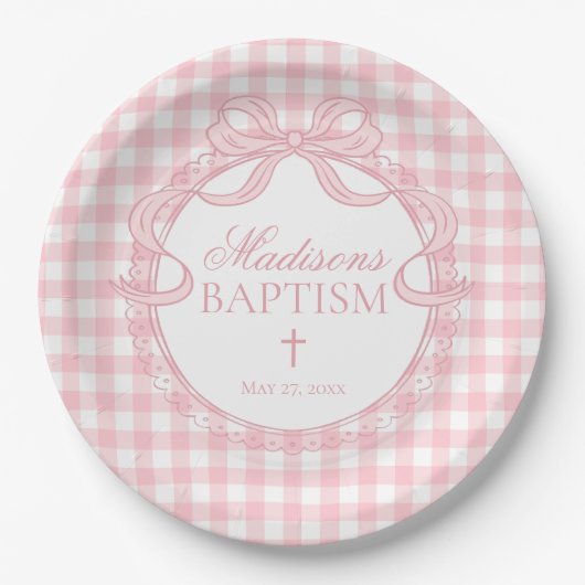 Rosa Gingham-Schmetterlings-Schleife Taufe Pappteller (Vorderseite)