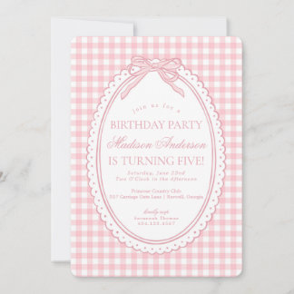 Rosa Gingham-Schmetterlings-Schleifen-Geburtstagsf Einladung