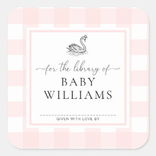 Rosa Gingham-Schwan für die Bibliothek von Exlibri Quadratischer Aufkleber