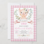 Rosa Gingham-Schwein-Mädchen-Geburtstag Einladung (Vorderseite)