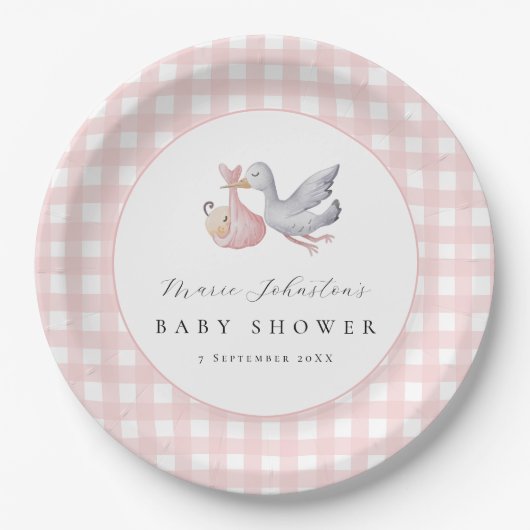Rosa Gingham-Stiel Baby Shower Papierplatten Pappteller (Vorderseite)