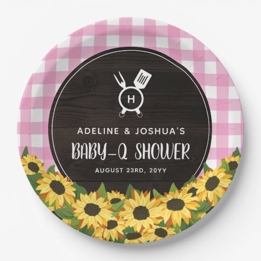 Rosa Gingham & Sunflowers Rustic Baby-Q Dusche Pappteller (Vorderseite)