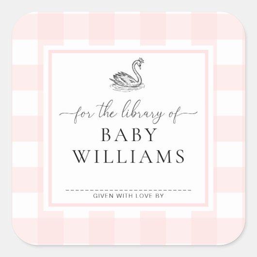 Rosa Gingham Swan für die Bibliothek von Buchzeich Quadratischer Aufkleber (Vorderseite)