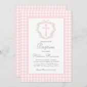 Rosa Gingham Taufe Einladung, Taufe für Mädchen Einladung (Vorne/Hinten)