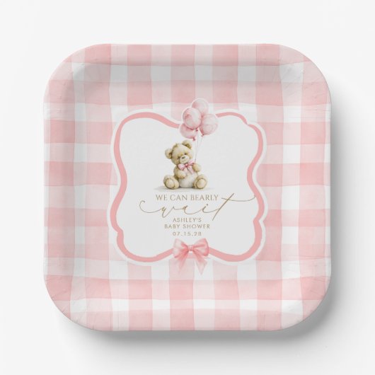 Rosa Gingham Teddy Bär Mädchen Baby Shower Pappteller (Vorderseite)