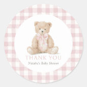 Rosa Gingham-Teddybär-Baby-Party Runder Aufkleber (Vorderseite)