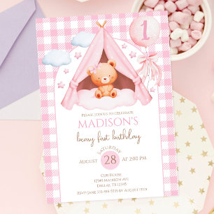 Rosa Gingham Teddybär Ballon Mädchen 1. Geburtstag Einladung