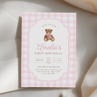 Rosa Gingham-Teddybär Beary Erster Geburtstag Einladung