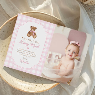 Rosa Gingham-Teddybär Beary Erster Geburtstag Foto Dankeskarte