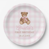 Rosa Gingham-Teddybär Beary Erster Geburtstag Pappteller (Vorderseite)